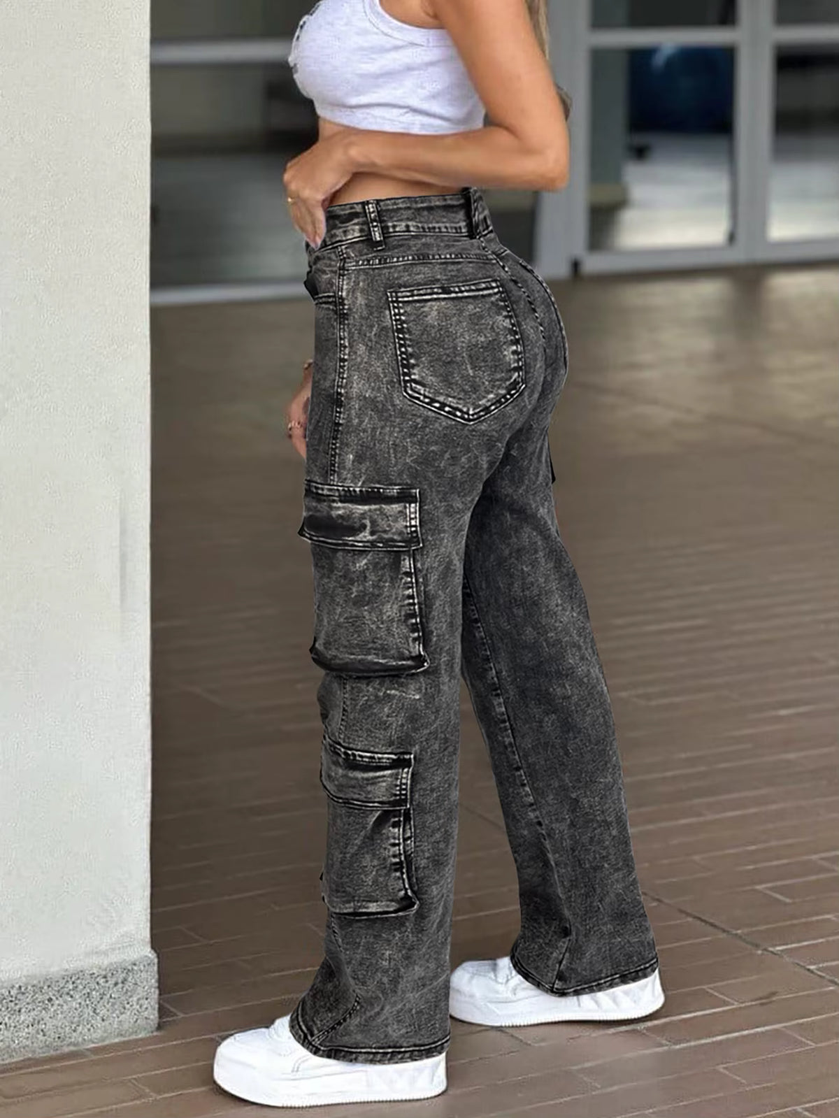Dames Wide Leg Cargo Jeans — High Waist | Acid Wash Denim