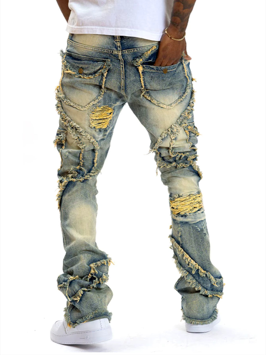 SK-Solution Stacked Distressed Jeans Heren — Destroyed Patchwork Denim