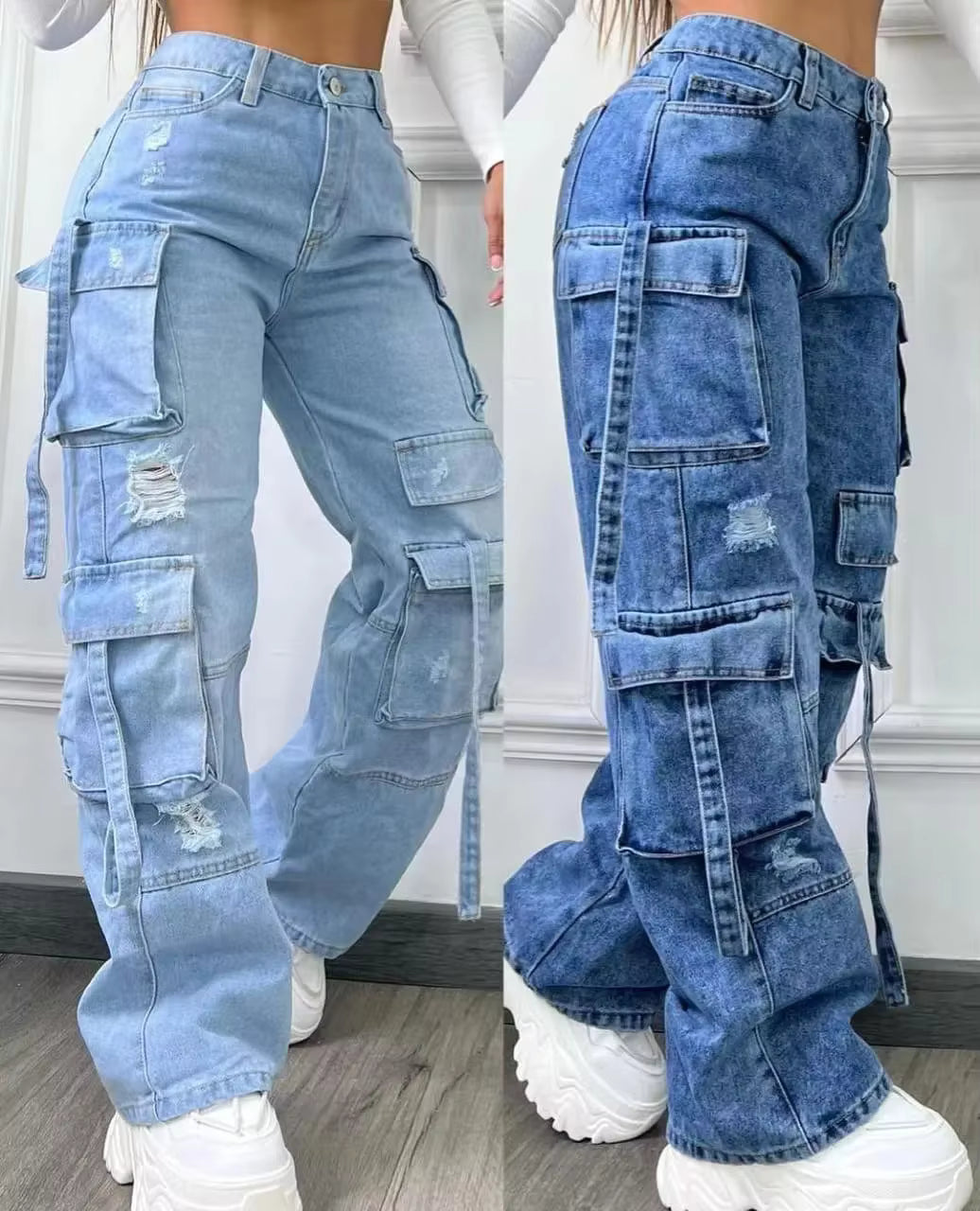SK-Solution Dames Ripped Cargo Jeans | Wide Leg High Waist Denim | Lichtblauw & Donkerblauw