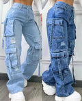 SK-Solution Dames Ripped Cargo Jeans | Wide Leg High Waist Denim | Lichtblauw & Donkerblauw