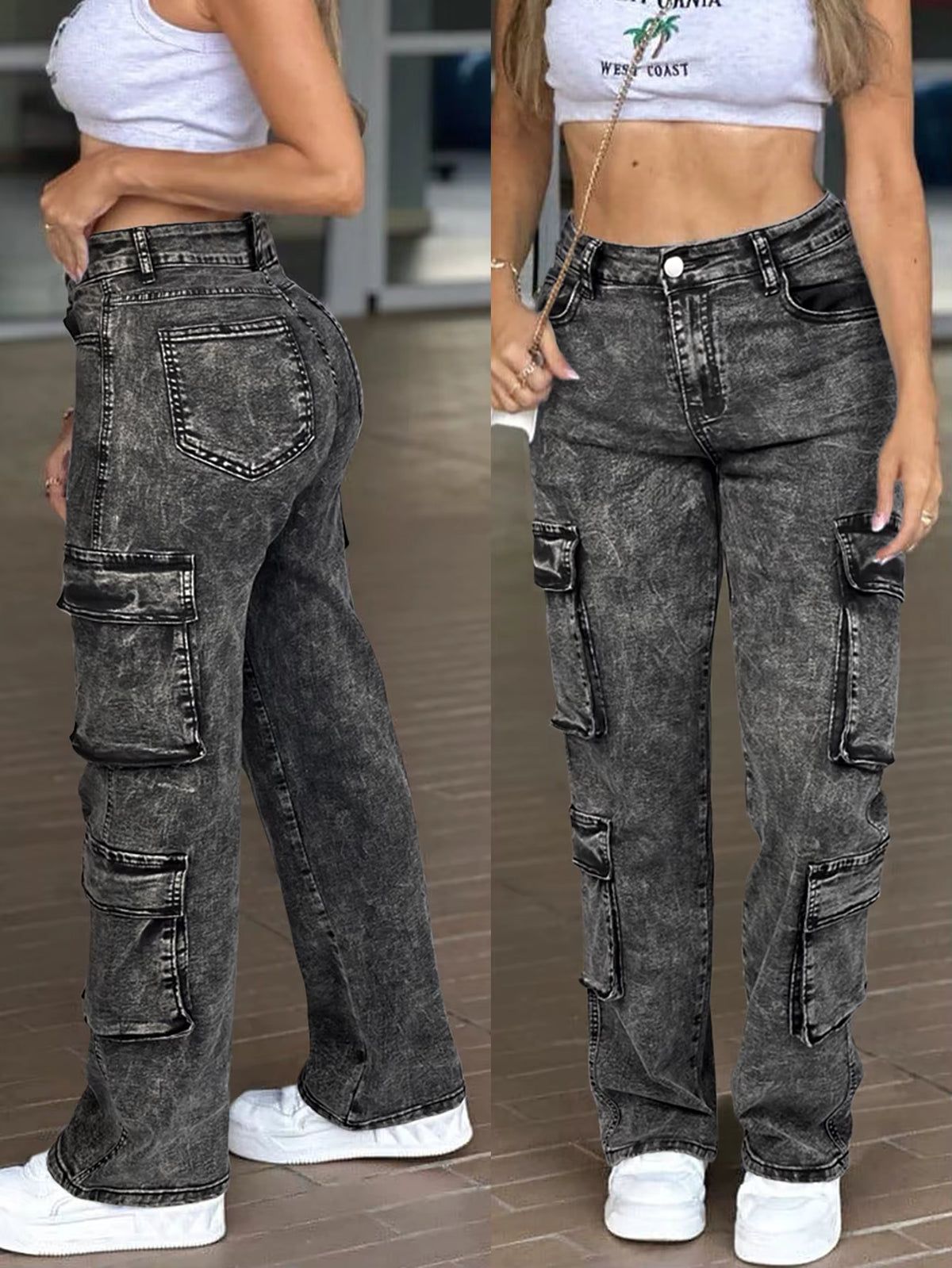Dames Wide Leg Cargo Jeans — High Waist | Acid Wash Denim