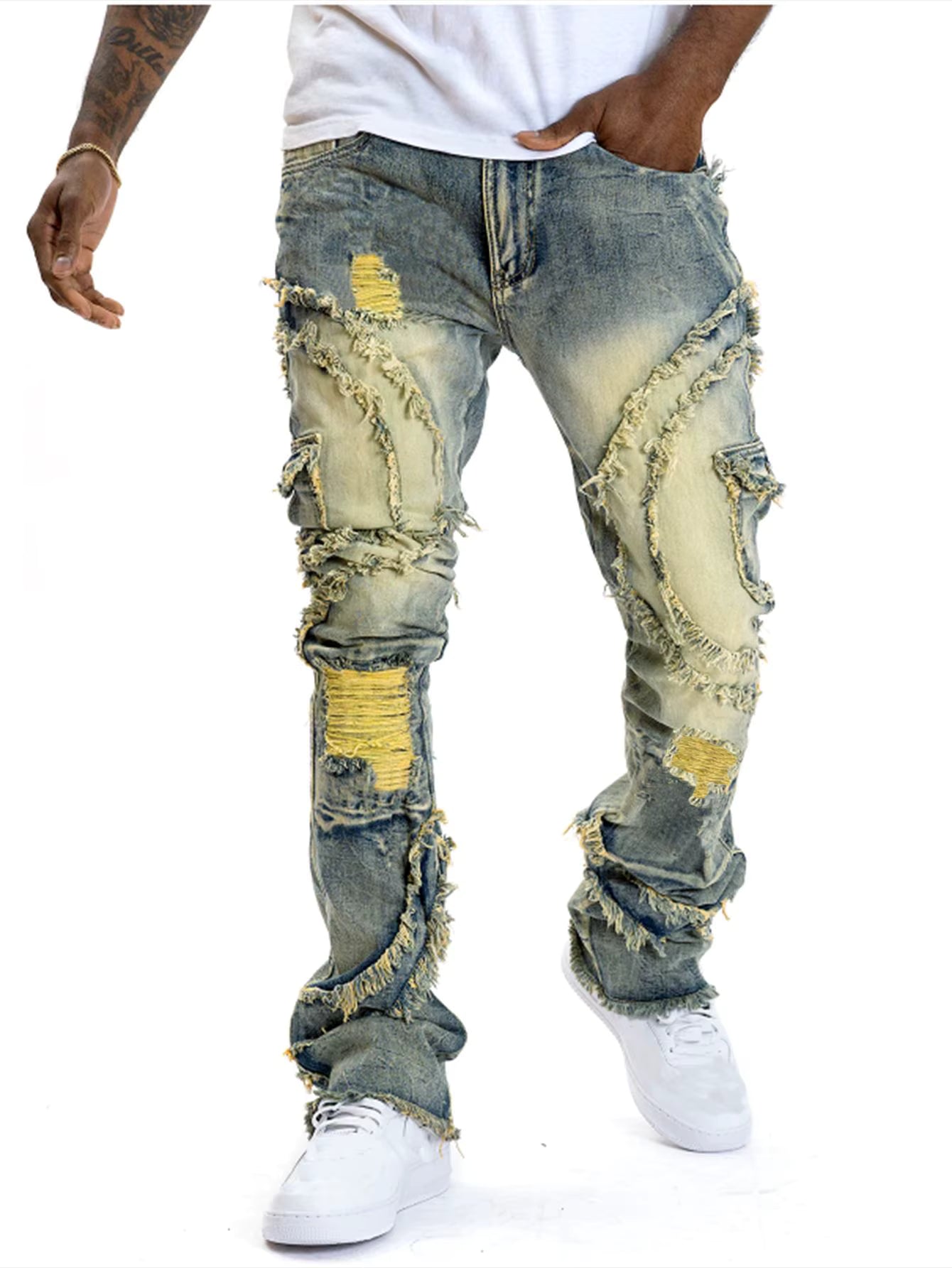 SK-Solution Stacked Distressed Jeans Heren — Destroyed Patchwork Denim