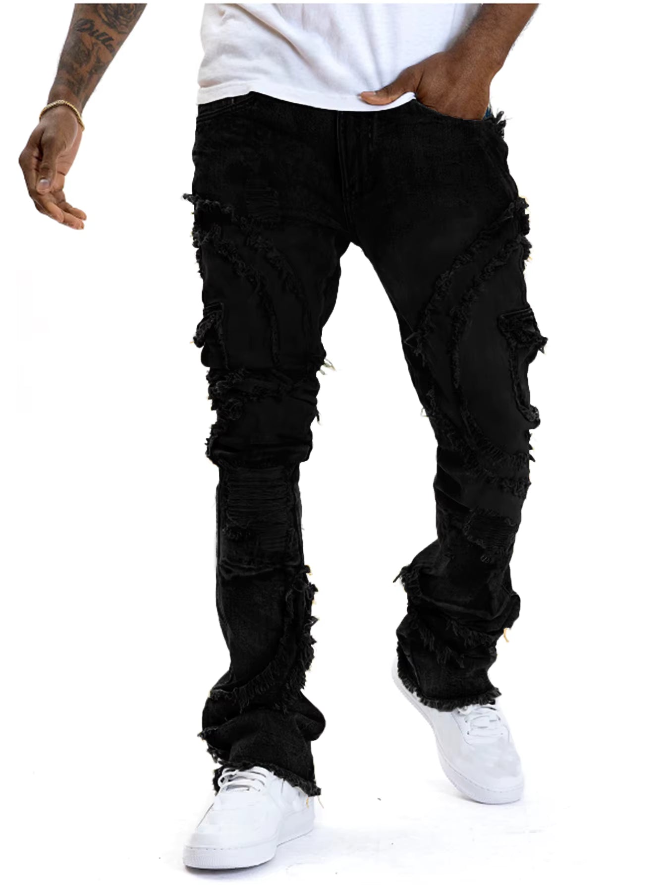 SK-Solution Stacked Distressed Jeans Heren — Destroyed Patchwork Denim