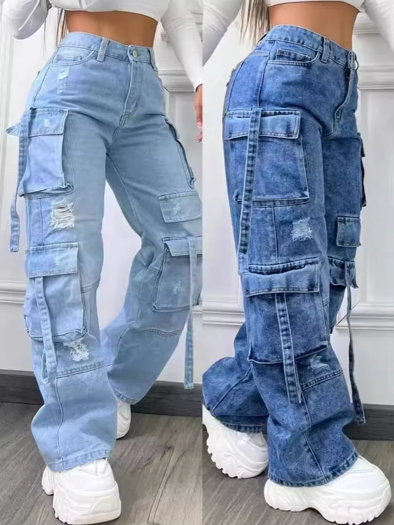 SK-Solution Dames Ripped Cargo Jeans | Wide Leg High Waist Denim | Lichtblauw & Donkerblauw