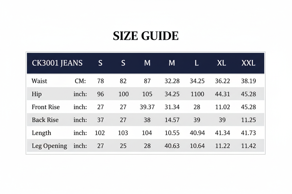 Professionele Size Guide CK3001