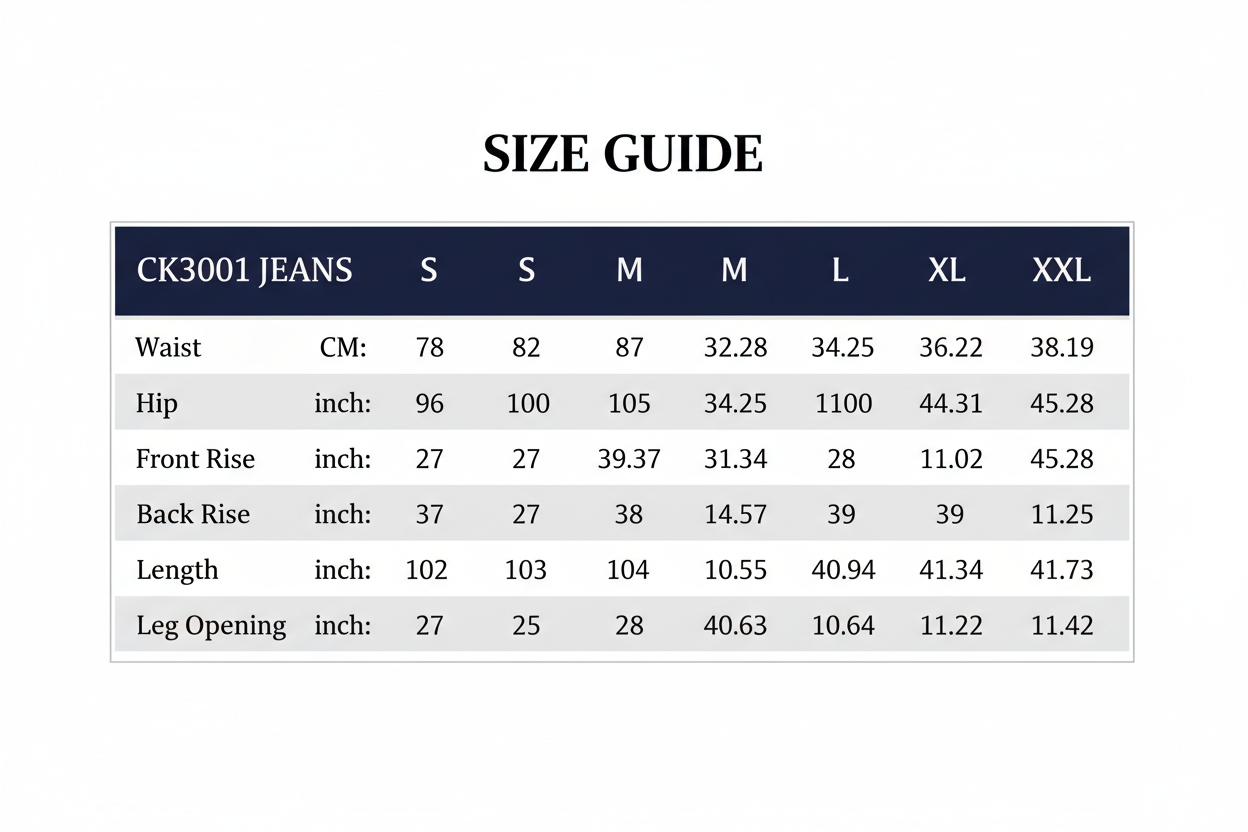 Professionele Size Guide CK3001
